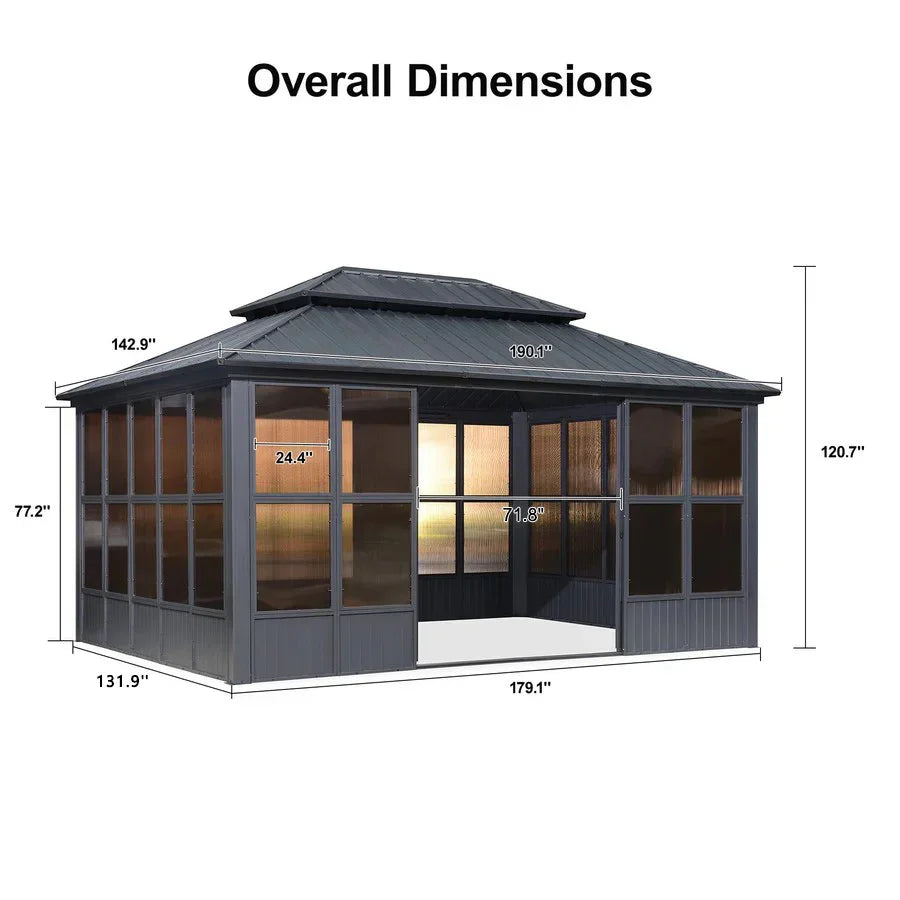 PURPLE LEAF Sunroom Hardtop Gazebo Solarium Grey Galvanized Steel Double Roof All-Weather Aluminum Outdoor Screen House