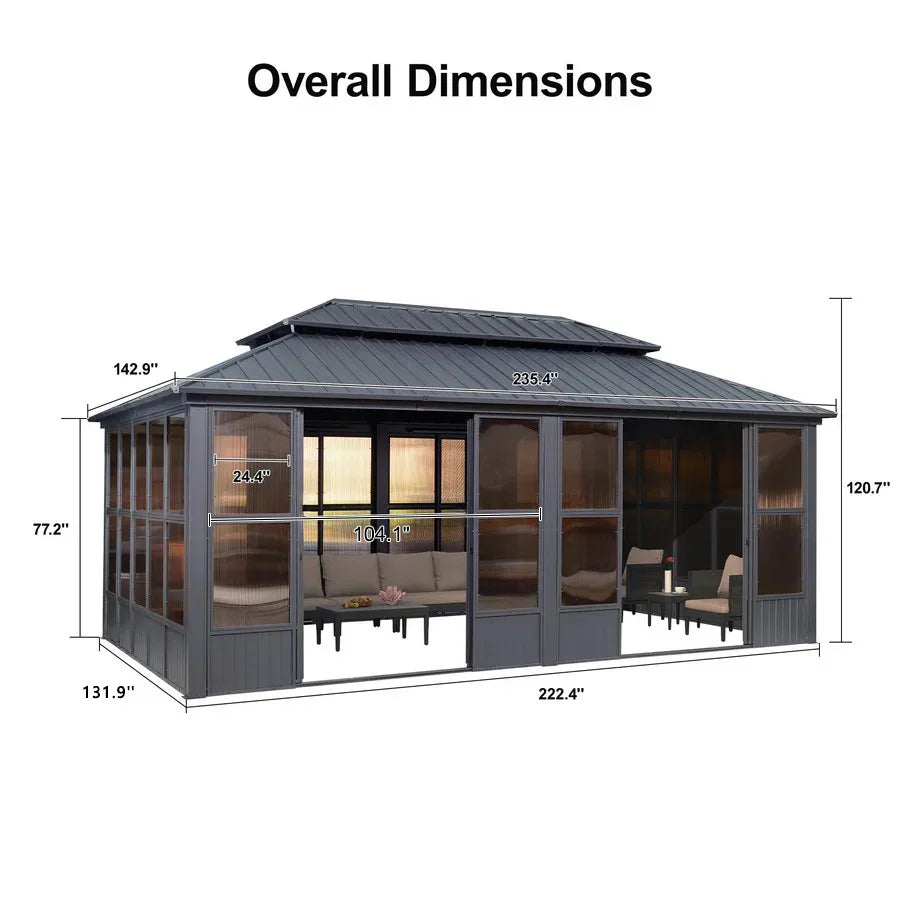 PURPLE LEAF Sunroom Hardtop Gazebo Solarium Grey Galvanized Steel Double Roof All-Weather Aluminum Outdoor Screen House