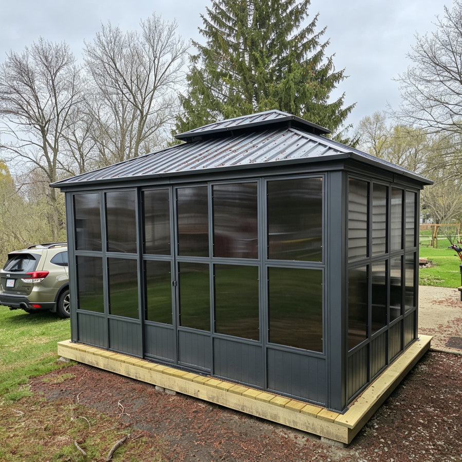 PURPLE LEAF Sunroom Hardtop Gazebo Solarium Grey Galvanized Steel Double Roof All-Weather Aluminum Outdoor Screen House