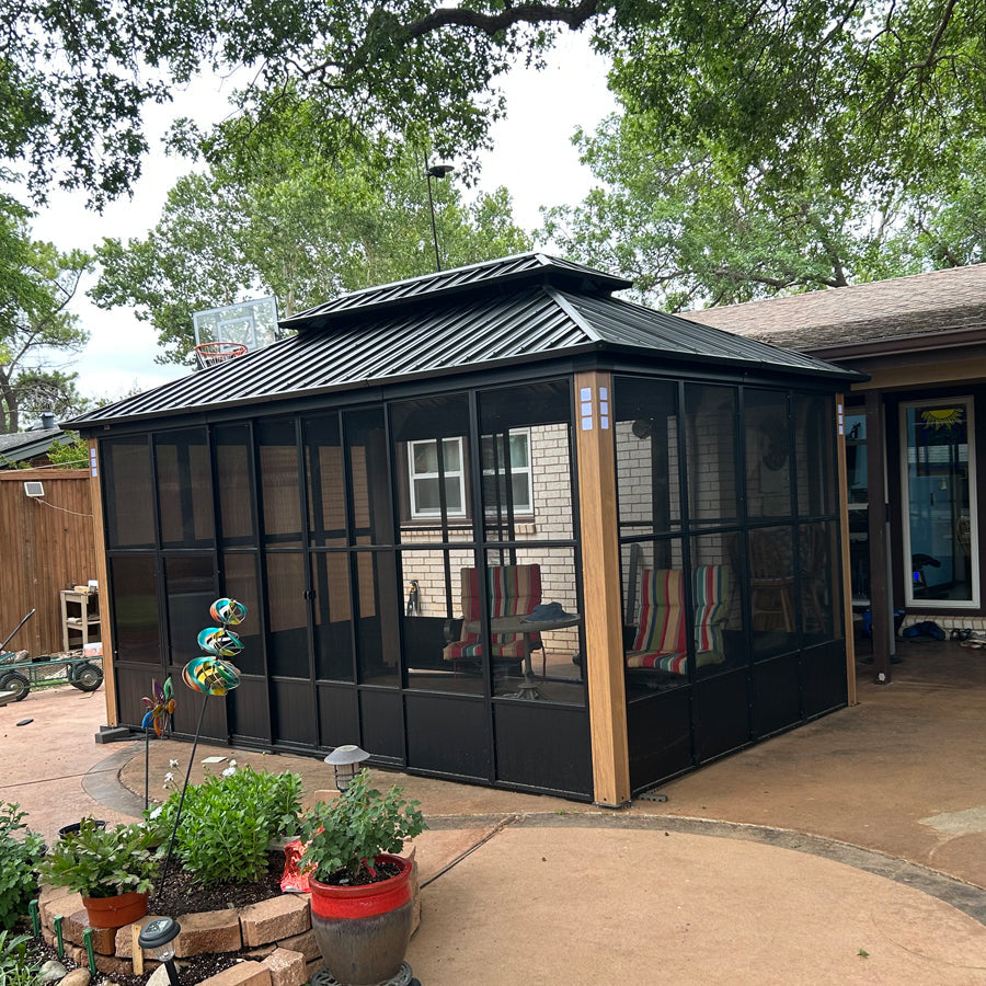 PURPLE LEAF Sunroom Hardtop Gazebo with Wood Grain Columns Black Frame Double Roof Galvanized Steel Solarium All-Weather Screen House