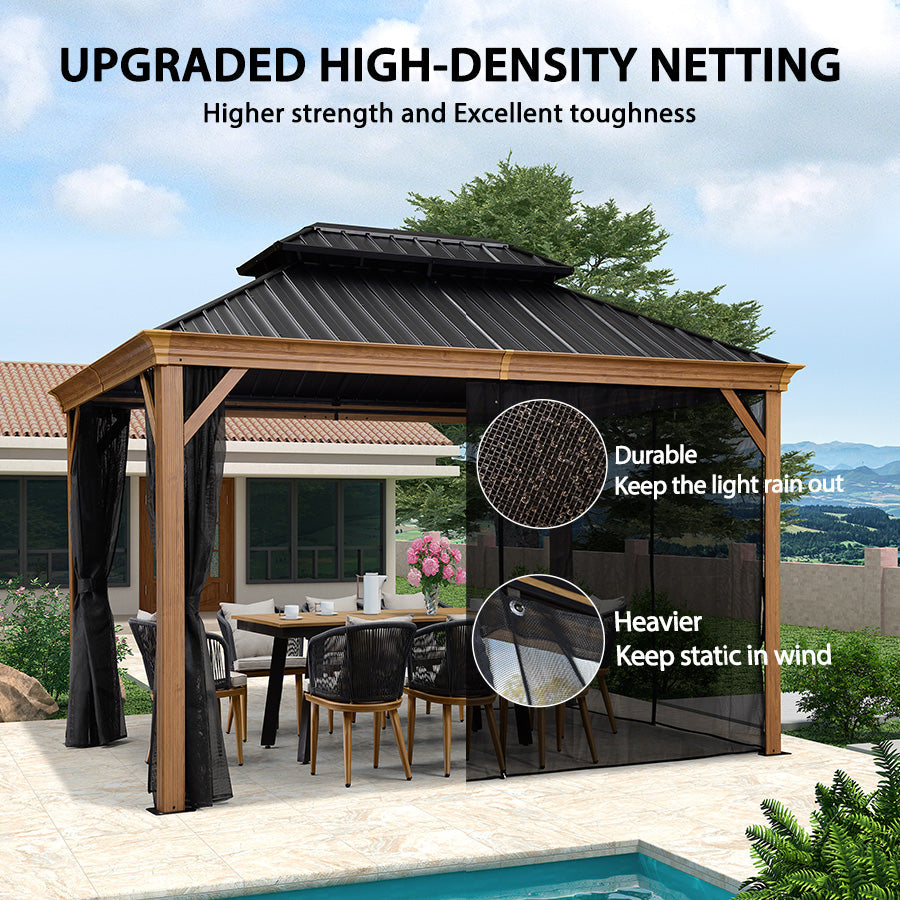 PURPLE LEAF Hardtop Gazebo for Patio Wood Grain Aluminum Frame Awning with String Lights-milky