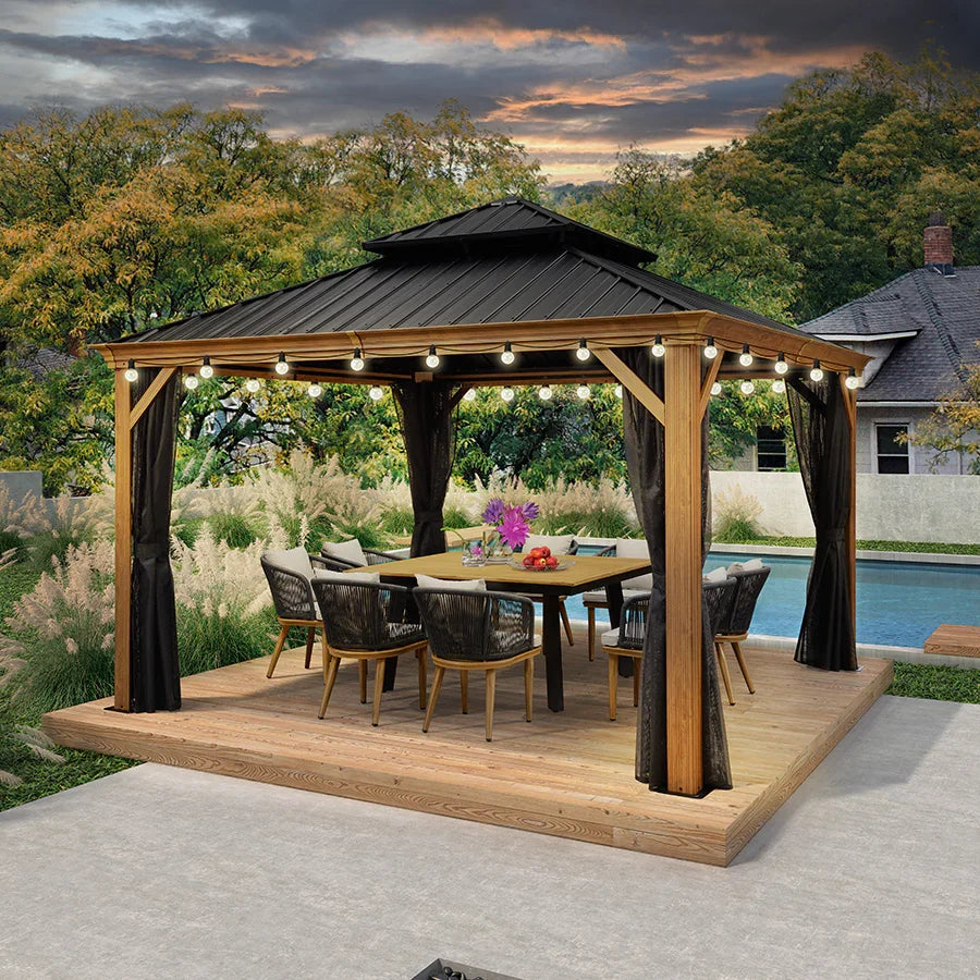 PURPLE LEAF Hardtop Gazebo for Patio Wood Grain Aluminum Frame Awning with String Lights-clear