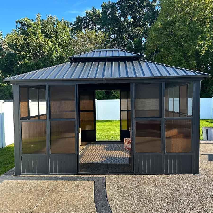 PURPLE LEAF Sunroom Hardtop Gazebo Solarium Grey Galvanized Steel Double Roof All-Weather Aluminum Outdoor Screen House