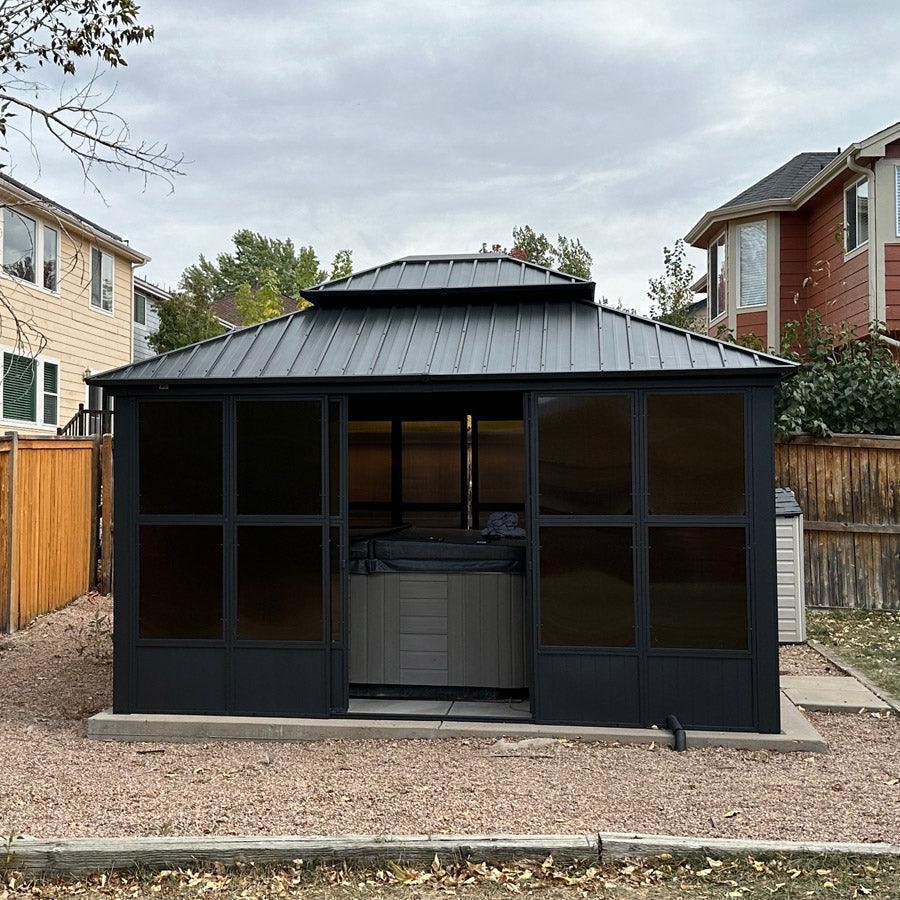 PURPLE LEAF Sunroom Hardtop Gazebo Solarium Grey Galvanized Steel Double Roof All-Weather Aluminum Outdoor Screen House