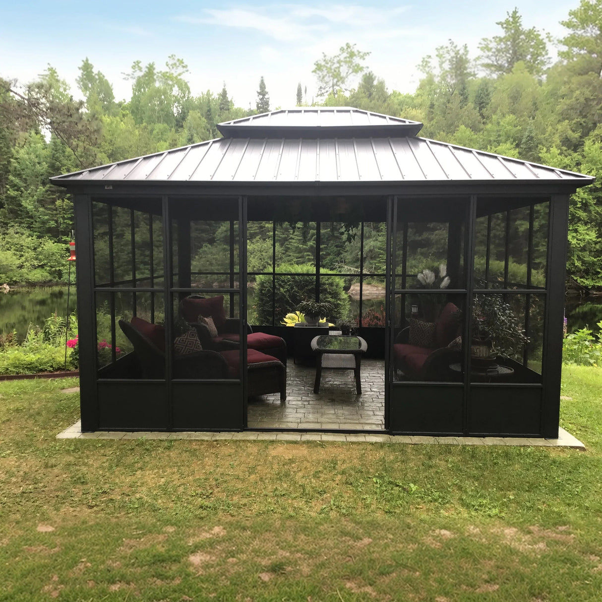 PURPLE LEAF Sunroom Hardtop Gazebo Solarium Grey Galvanized Steel Double Roof All-Weather Aluminum Outdoor Screen House