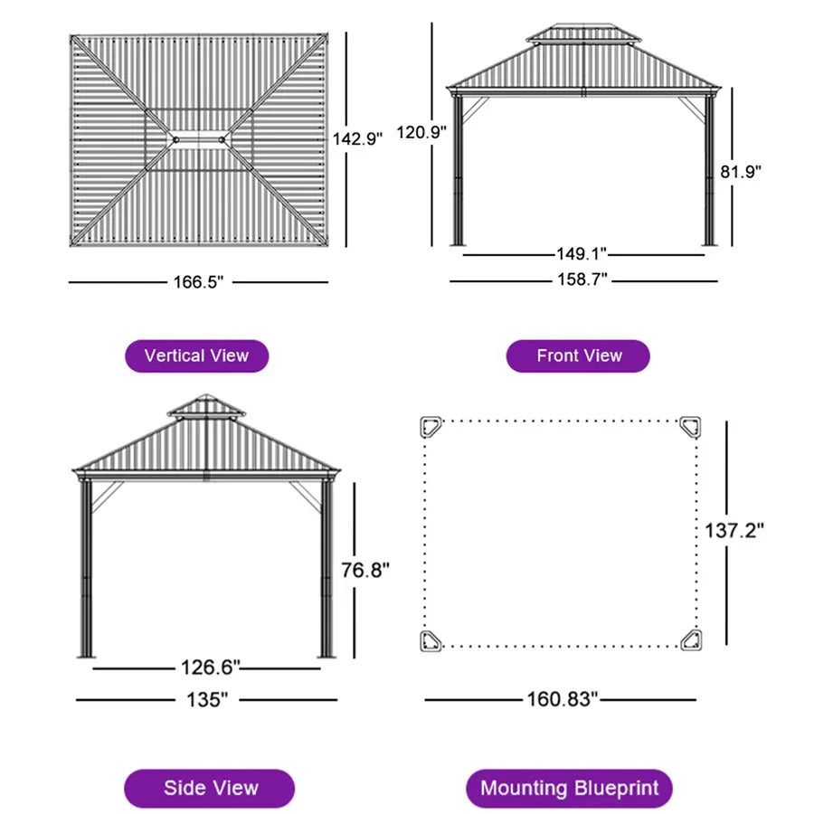 PURPLE LEAF Hardtop Gazebo for Patio Wood Grain Aluminum Frame Awning with String Lights-clear