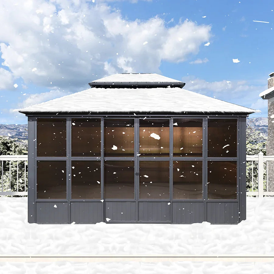 PURPLE LEAF Sunroom Hardtop Gazebo Solarium Grey Galvanized Steel Double Roof All-Weather Aluminum Outdoor Screen House