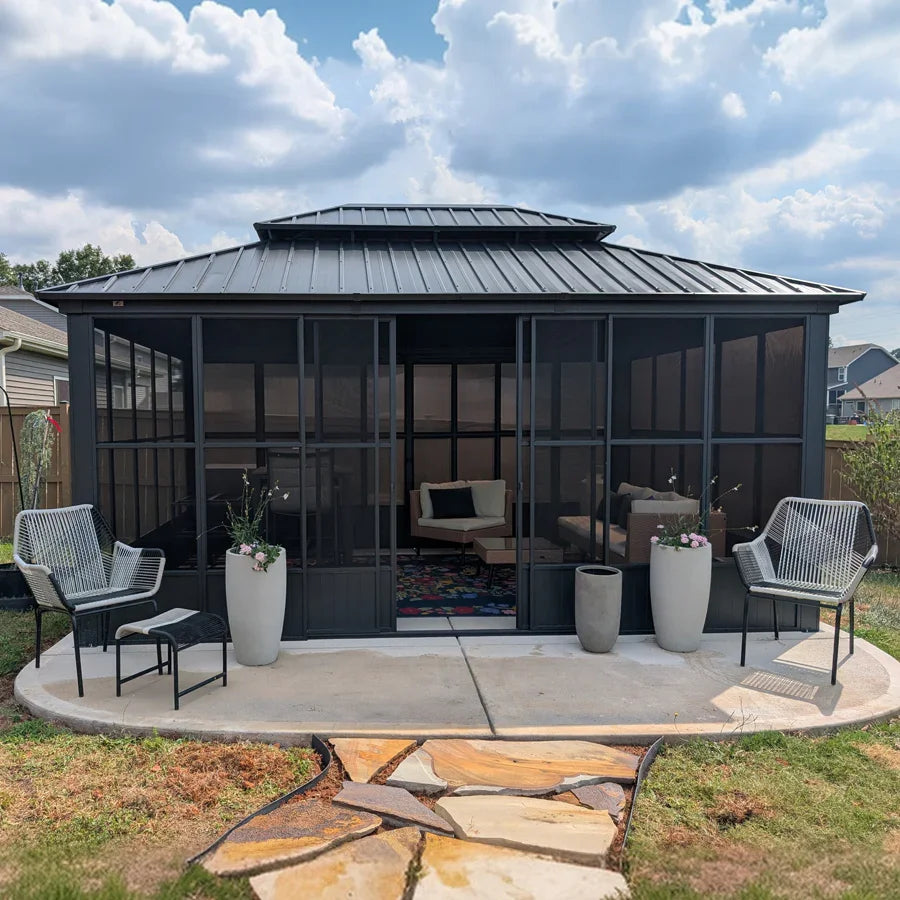 PURPLE LEAF Sunroom Hardtop Gazebo Solarium Grey Galvanized Steel Double Roof All-Weather Aluminum Outdoor Screen House