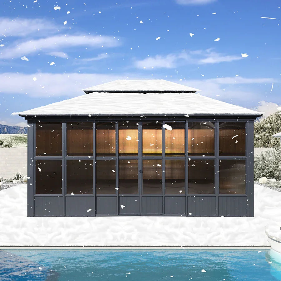 PURPLE LEAF Sunroom Hardtop Gazebo Solarium Grey Galvanized Steel Double Roof All-Weather Aluminum Outdoor Screen House