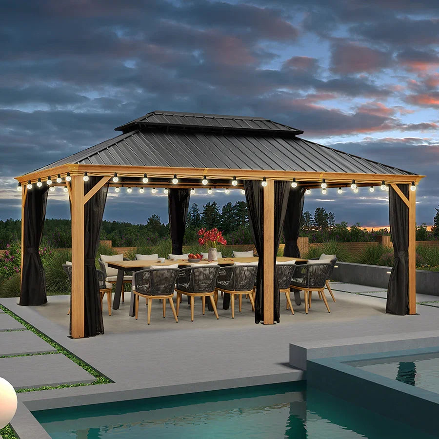 PURPLE LEAF Hardtop Gazebo for Patio Wood Grain Aluminum Frame Awning with String Lights-clear