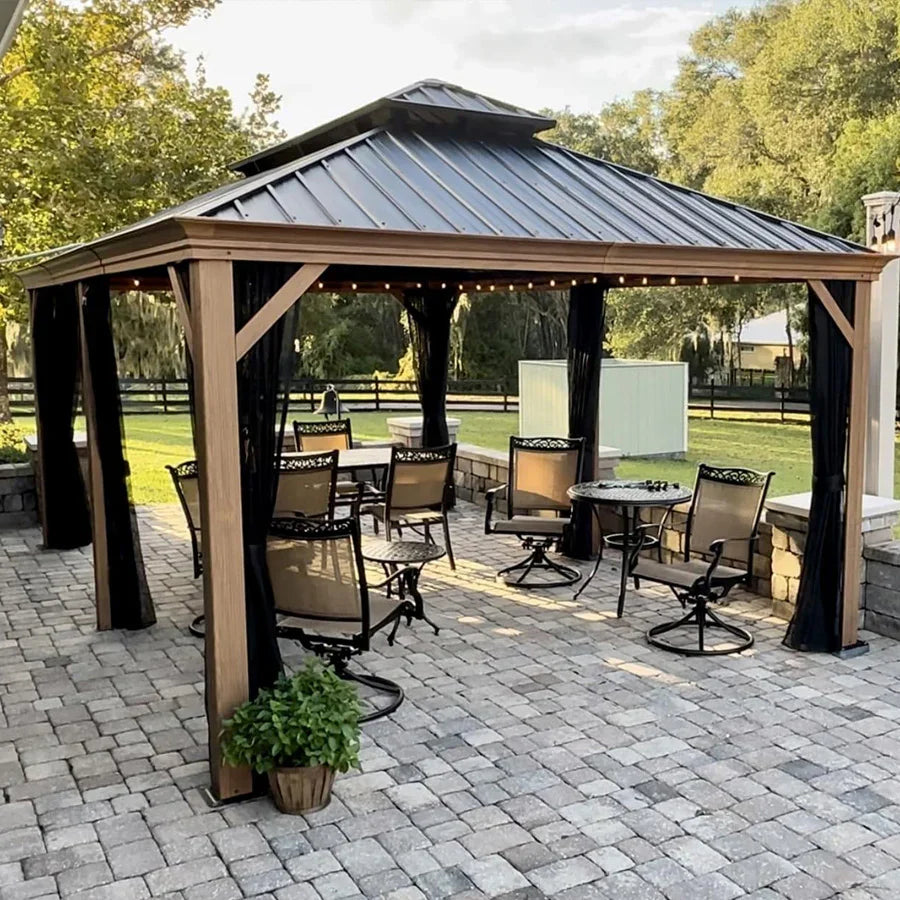 PURPLE LEAF Hardtop Gazebo for Patio Wood Grain Aluminum Frame Awning with String Lights-clear