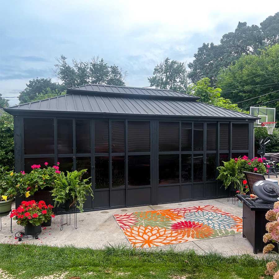 PURPLE LEAF Sunroom Hardtop Gazebo Solarium Grey Galvanized Steel Double Roof All-Weather Aluminum Outdoor Screen House