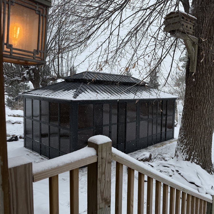 PURPLE LEAF Sunroom Hardtop Gazebo Solarium Grey Galvanized Steel Double Roof All-Weather Aluminum Outdoor Screen House