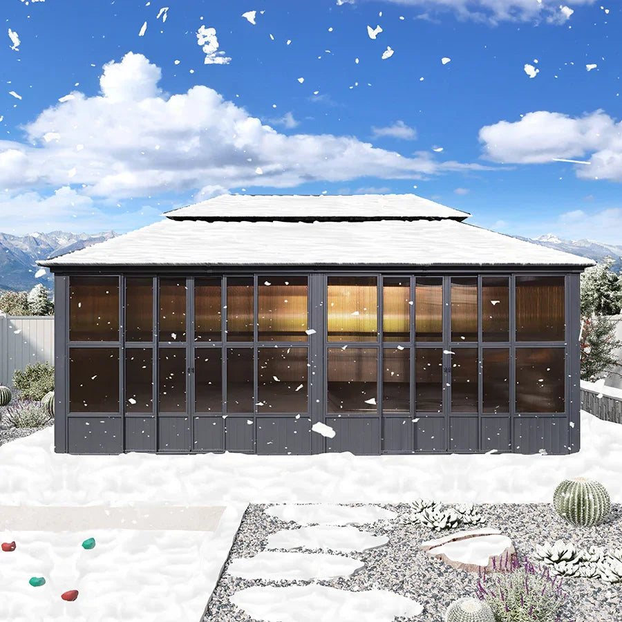 PURPLE LEAF Sunroom Hardtop Gazebo Solarium Grey Galvanized Steel Double Roof All-Weather Aluminum Outdoor Screen House