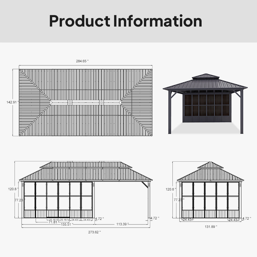PURPLE LEAF Sunroom Hardtop Gazebo Solarium Grey Galvanized Steel Double Roof All-Weather Aluminum Outdoor Screen House