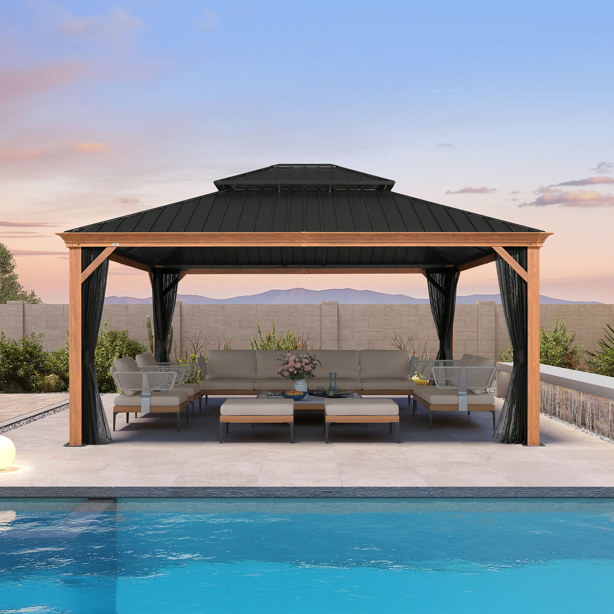 PURPLE LEAF Hardtop Gazebo for Patio Wood Grain Aluminum Frame Awning with Netting