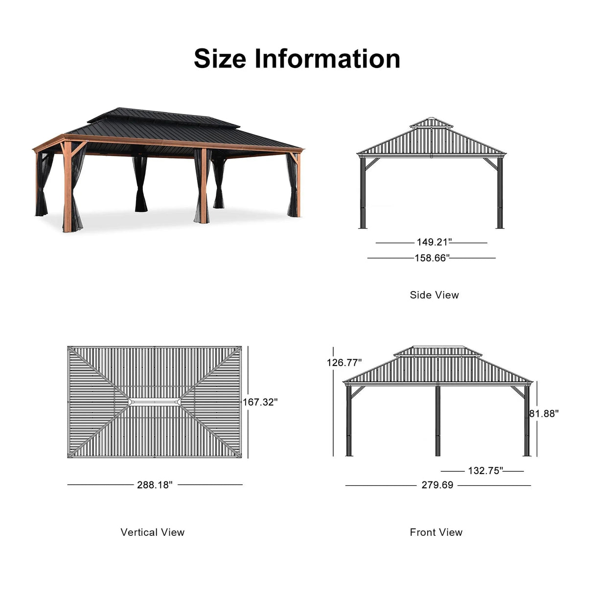 PURPLE LEAF Hardtop Gazebo for Patio Wood Grain Aluminum Frame Awning with String Lights-clear