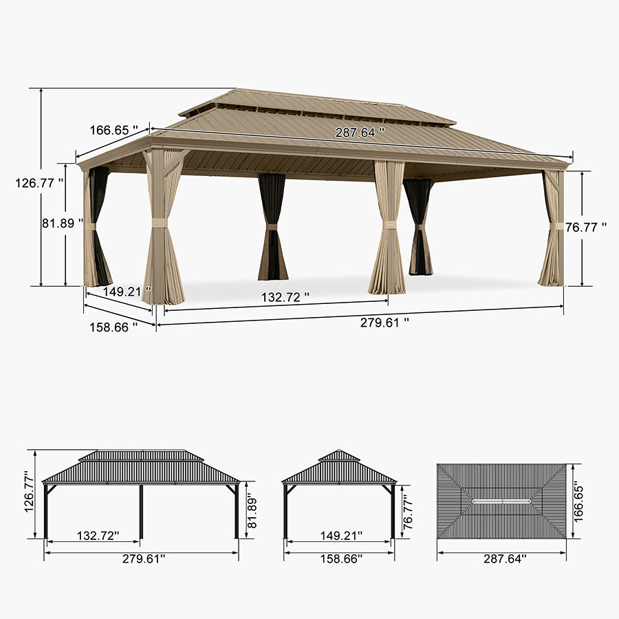 PURPLE LEAF Backyard Gazebo Champagne Hardtop Galvanized Steel Roof Awning and Upgrade Curtain with Lights-milky