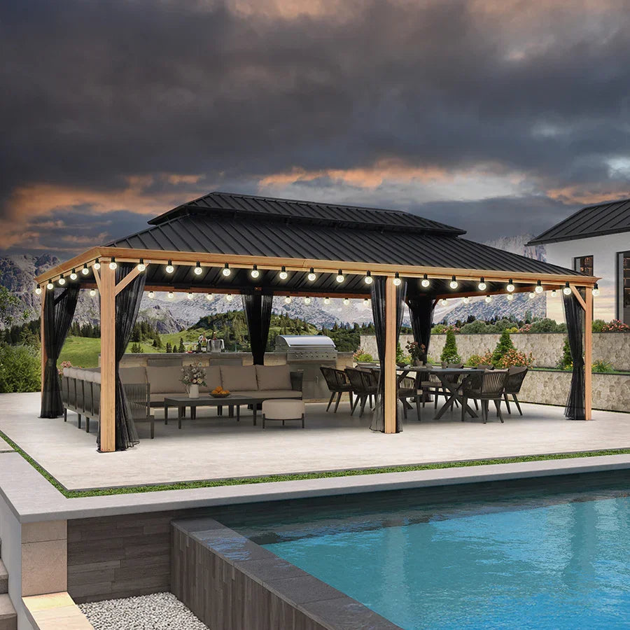 PURPLE LEAF Hardtop Gazebo for Patio Wood Grain Aluminum Frame Awning with String Lights-clear