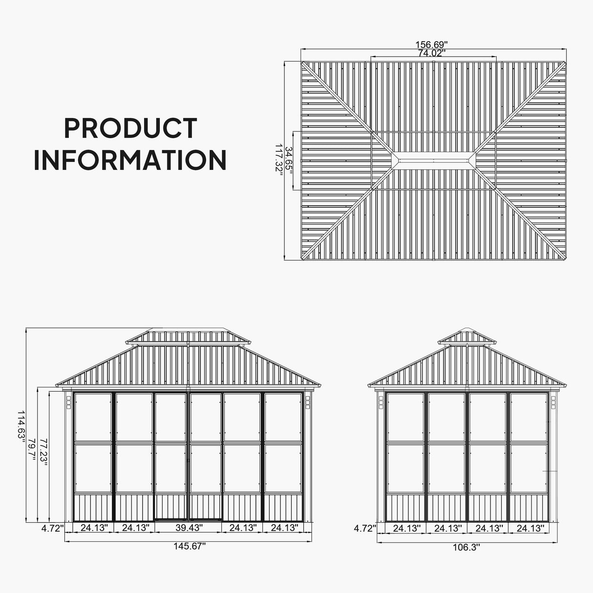 PURPLE LEAF Sunroom Hardtop Gazebo Solarium Grey Galvanized Steel Double Roof All-Weather Aluminum Outdoor Screen House