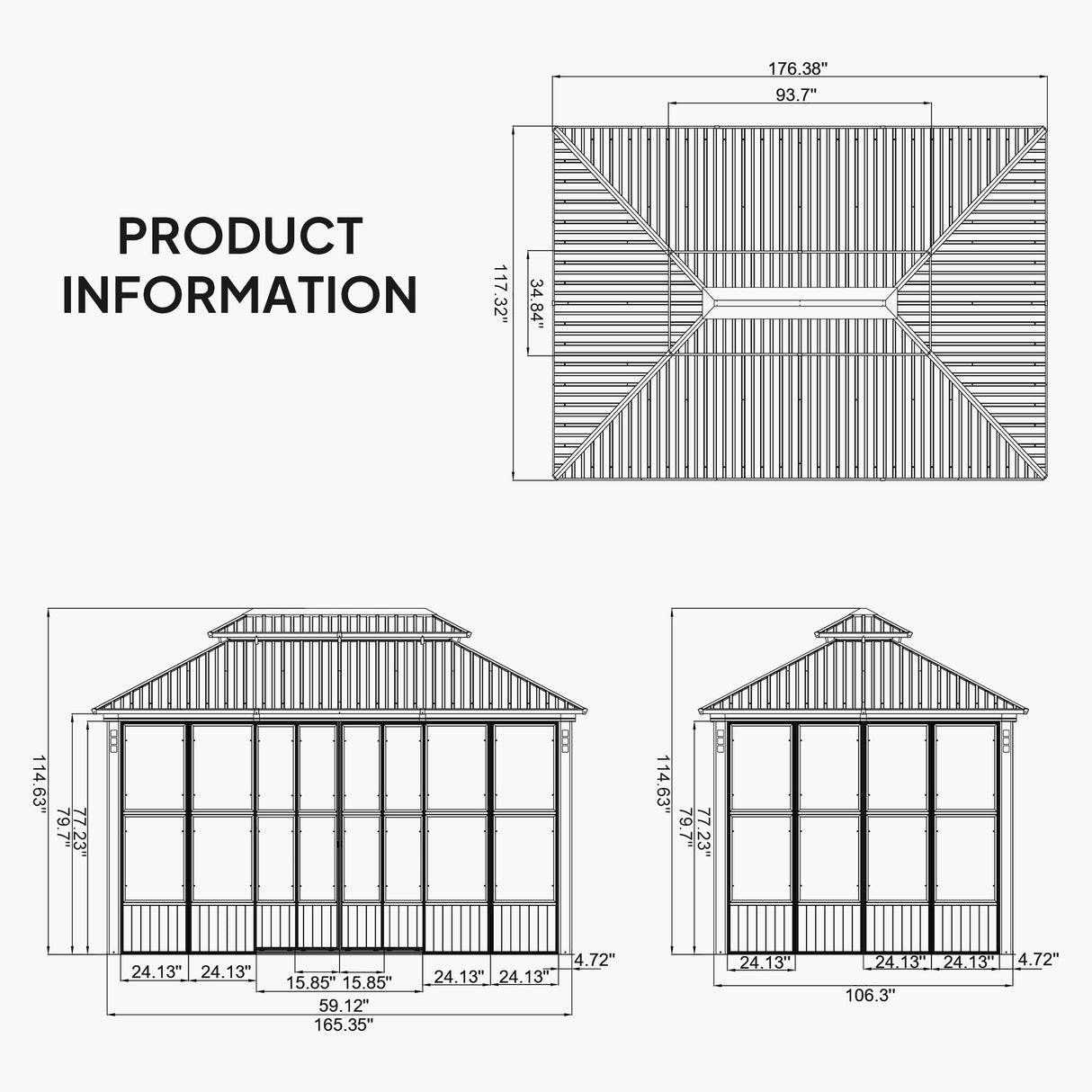 PURPLE LEAF Sunroom Hardtop Gazebo with Wood Grain Columns Black Frame Double Roof Galvanized Steel Solarium All-Weather Screen House