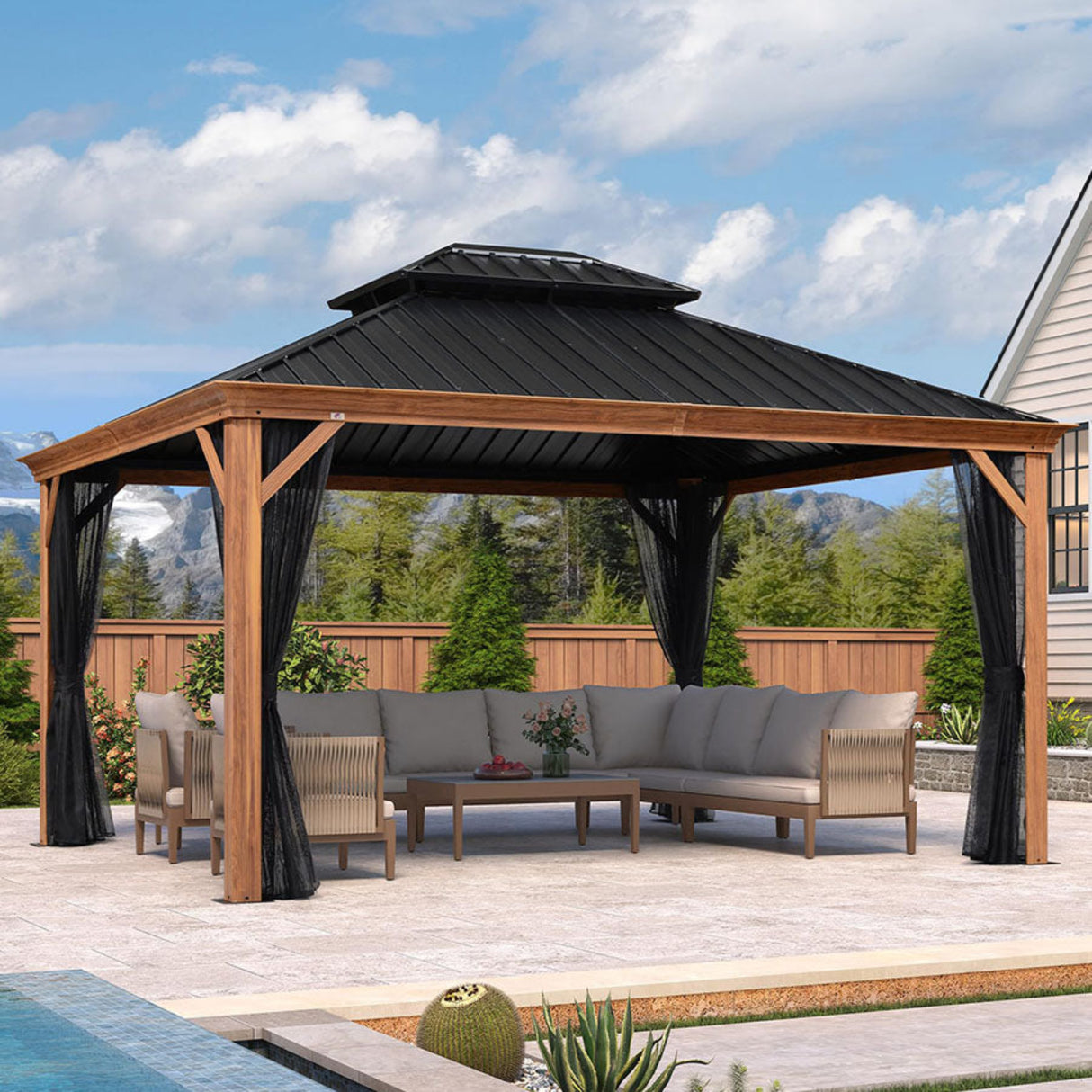 PURPLE LEAF Hardtop Gazebo for Patio Wood Grain Aluminum Frame Awning with Netting
