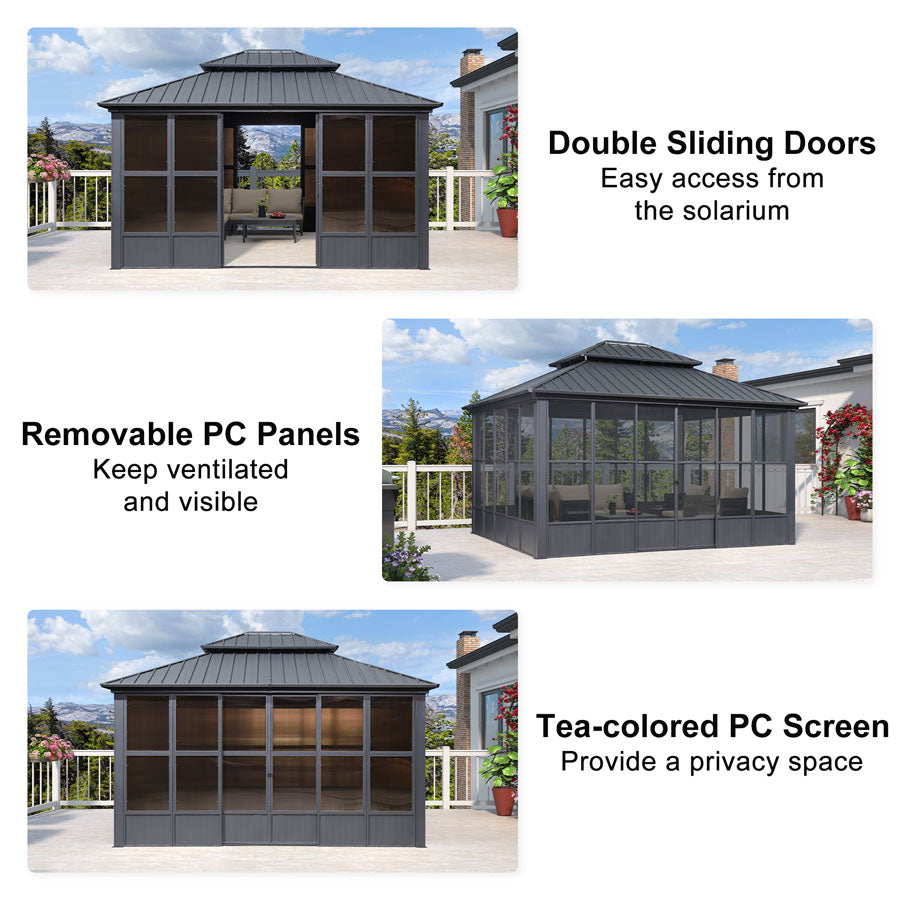 PURPLE LEAF Sunroom Hardtop Gazebo Solarium Grey Galvanized Steel Double Roof All-Weather Aluminum Outdoor Screen House