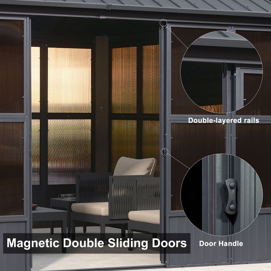 PURPLE LEAF Sunroom Hardtop Gazebo Solarium Grey Galvanized Steel Double Roof All-Weather Aluminum Outdoor Screen House
