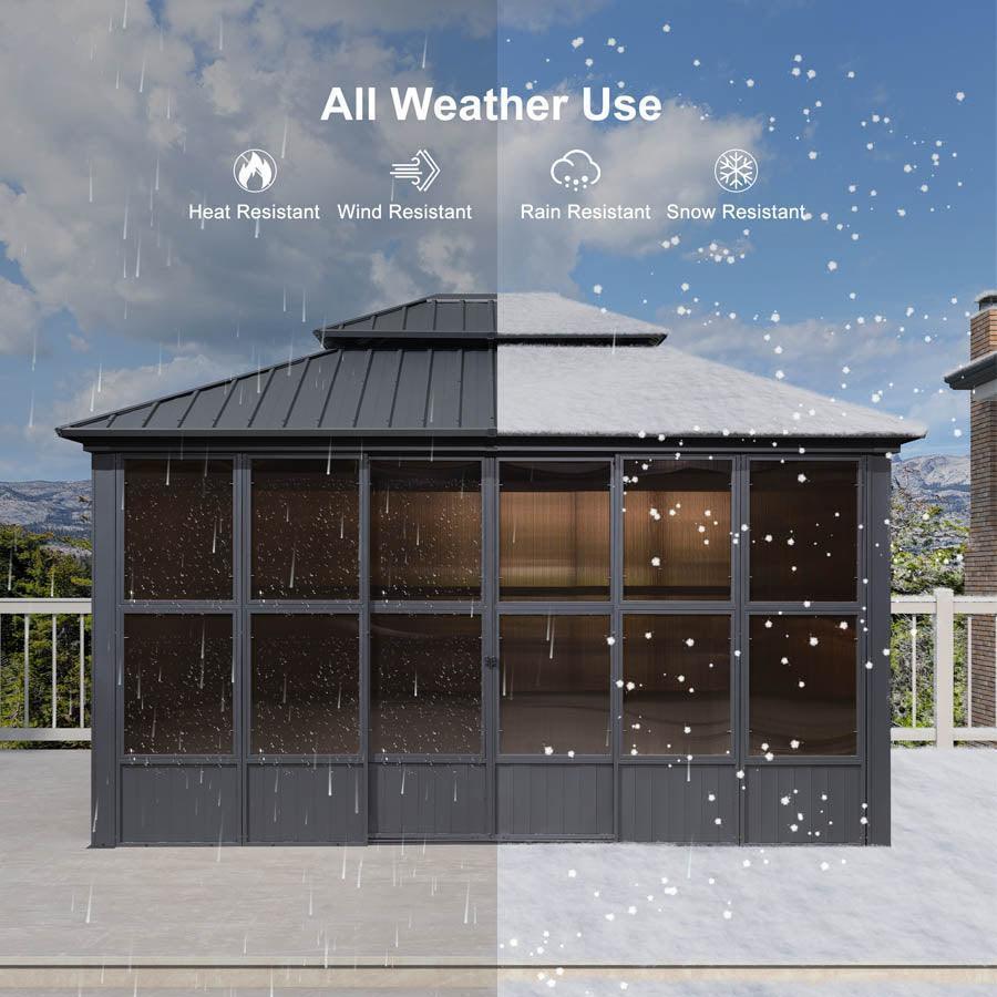 PURPLE LEAF Sunroom Hardtop Gazebo Solarium Grey Galvanized Steel Double Roof All-Weather Aluminum Outdoor Screen House