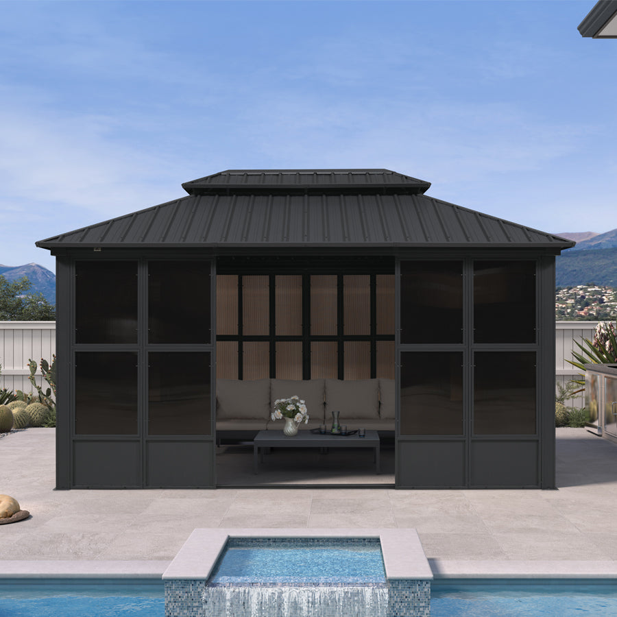 PURPLE LEAF Sunroom Hardtop Gazebo Solarium Grey Galvanized Steel Double Roof All-Weather Aluminum Outdoor Screen House