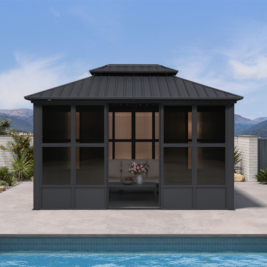 PURPLE LEAF Sunroom Hardtop Gazebo Solarium Grey Galvanized Steel Double Roof All-Weather Aluminum Outdoor Screen House
