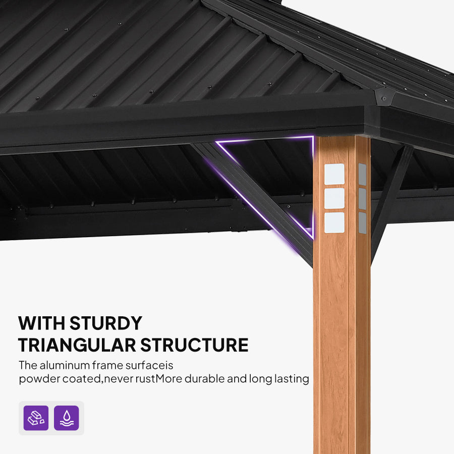 PURPLE LEAF Sunroom Hardtop Gazebo with Wood Grain Columns Black Frame Double Roof Galvanized Steel Solarium All-Weather Screen House