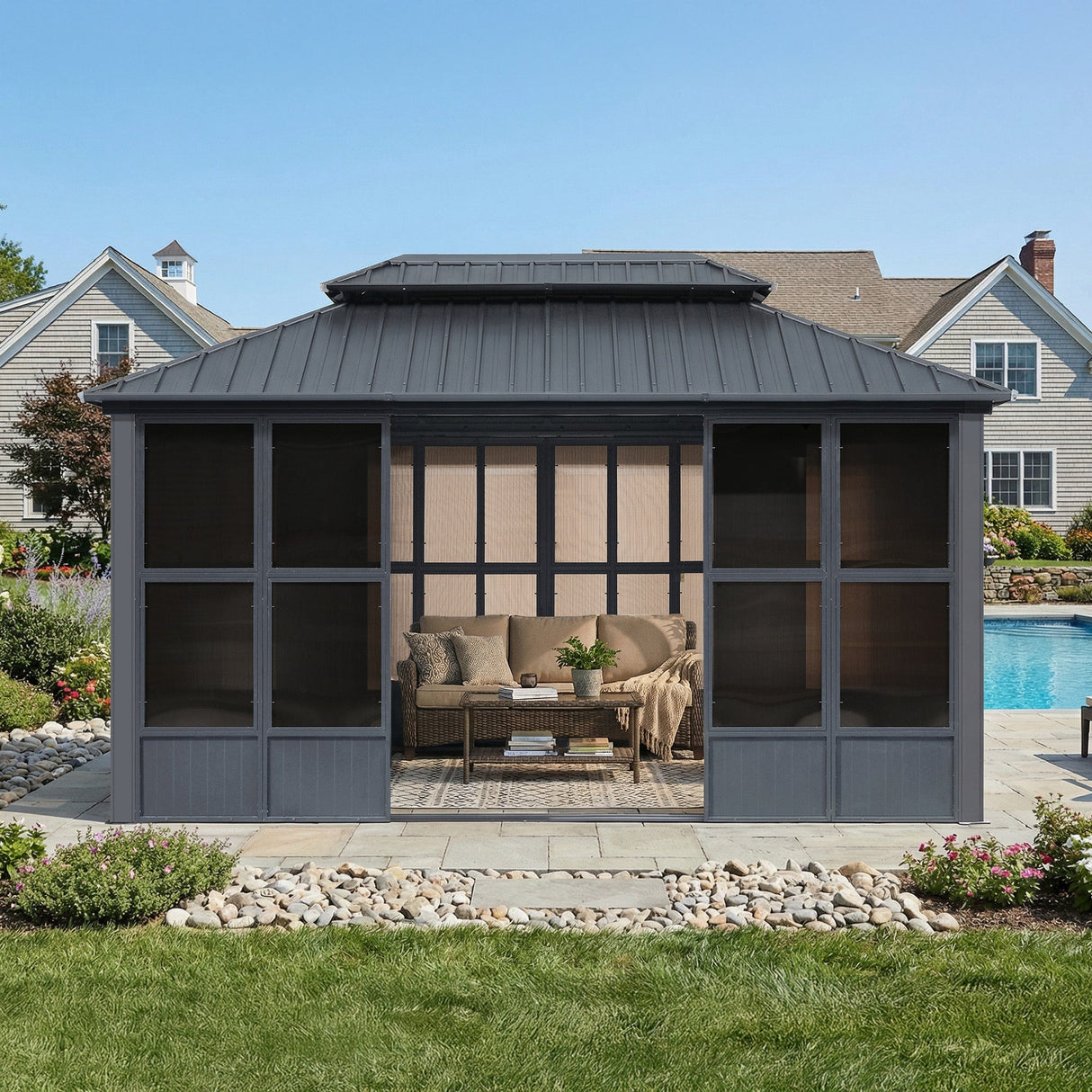 PURPLE LEAF Sunroom Hardtop Gazebo Solarium Grey Galvanized Steel Double Roof All-Weather Aluminum Outdoor Screen House