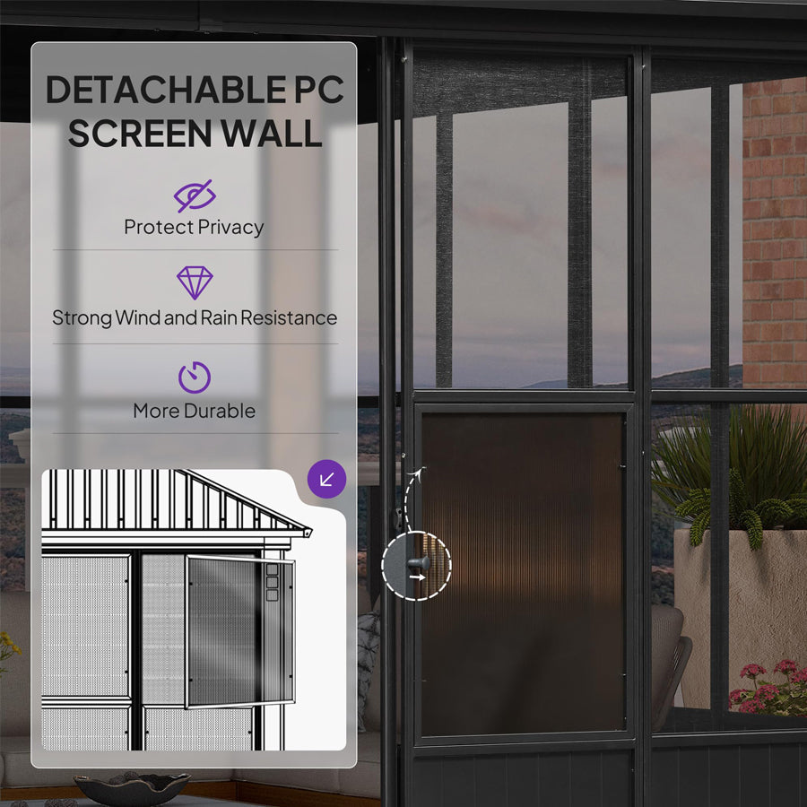PURPLE LEAF Sunroom Hardtop Gazebo with Wood Grain Columns Black Frame Double Roof Galvanized Steel Solarium All-Weather Screen House