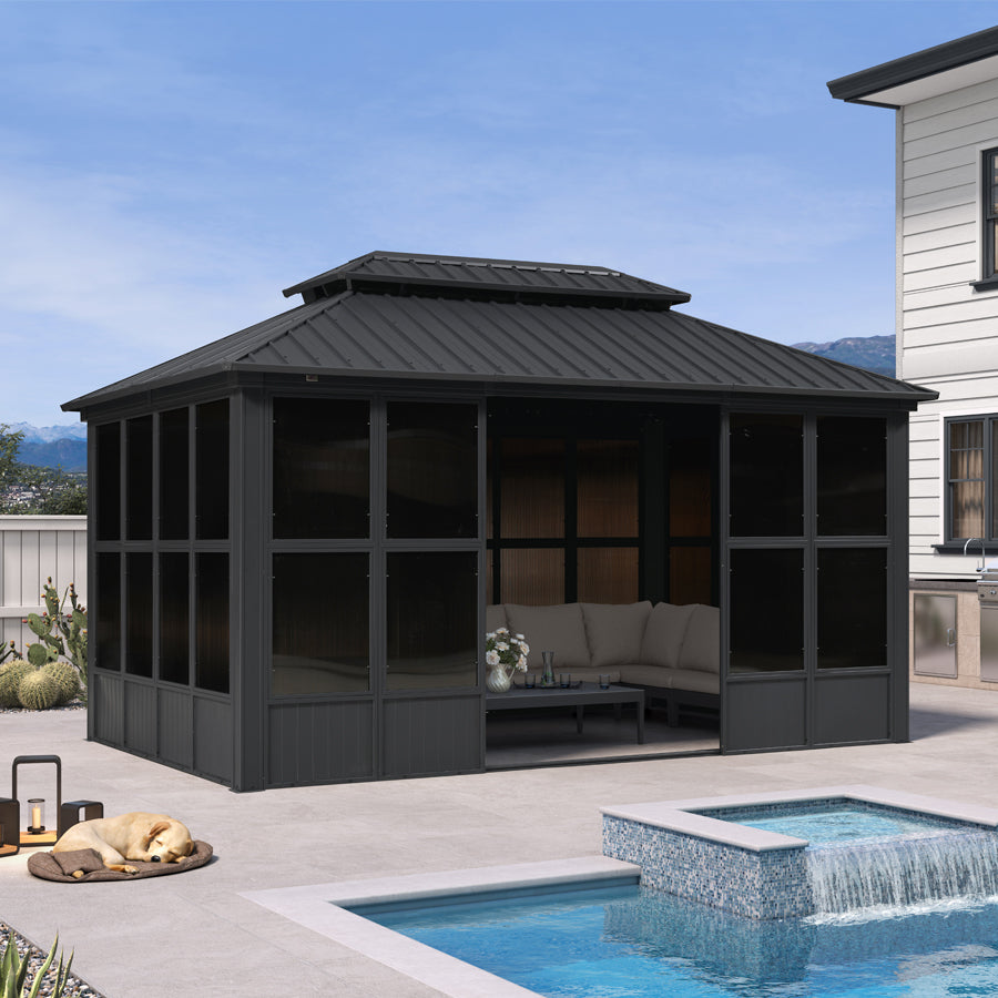 PURPLE LEAF Sunroom Hardtop Gazebo Solarium Grey Galvanized Steel Double Roof All-Weather Aluminum Outdoor Screen House