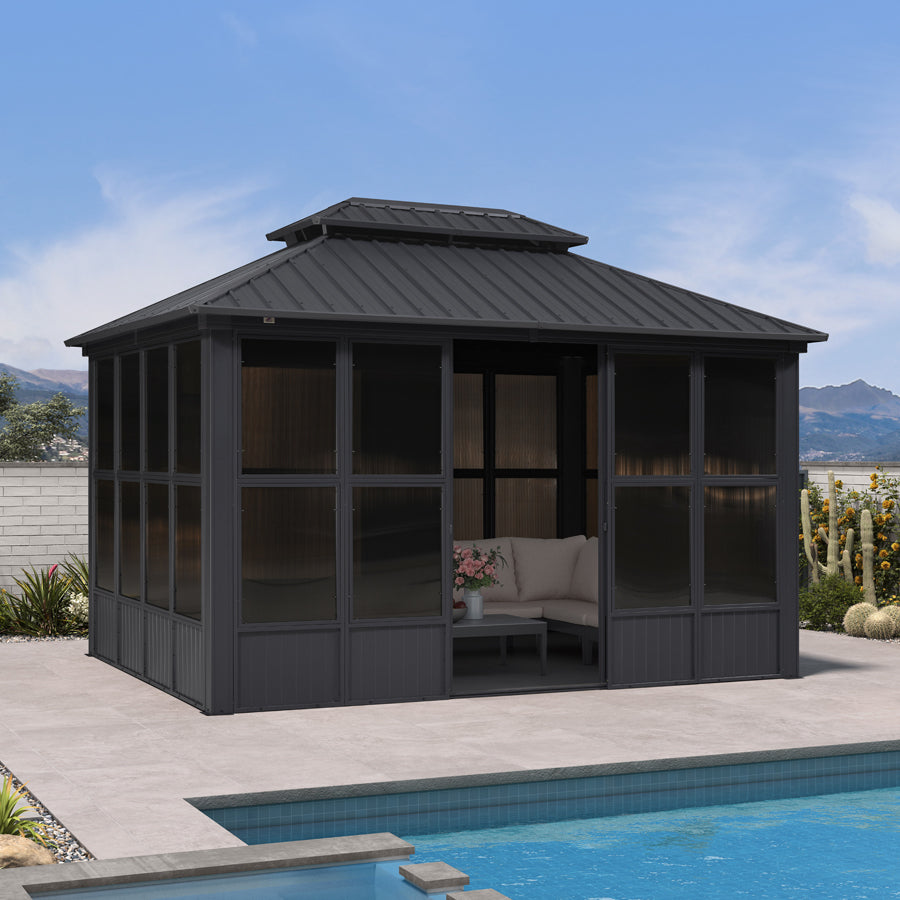 PURPLE LEAF Sunroom Hardtop Gazebo Solarium Grey Galvanized Steel Double Roof All-Weather Aluminum Outdoor Screen House