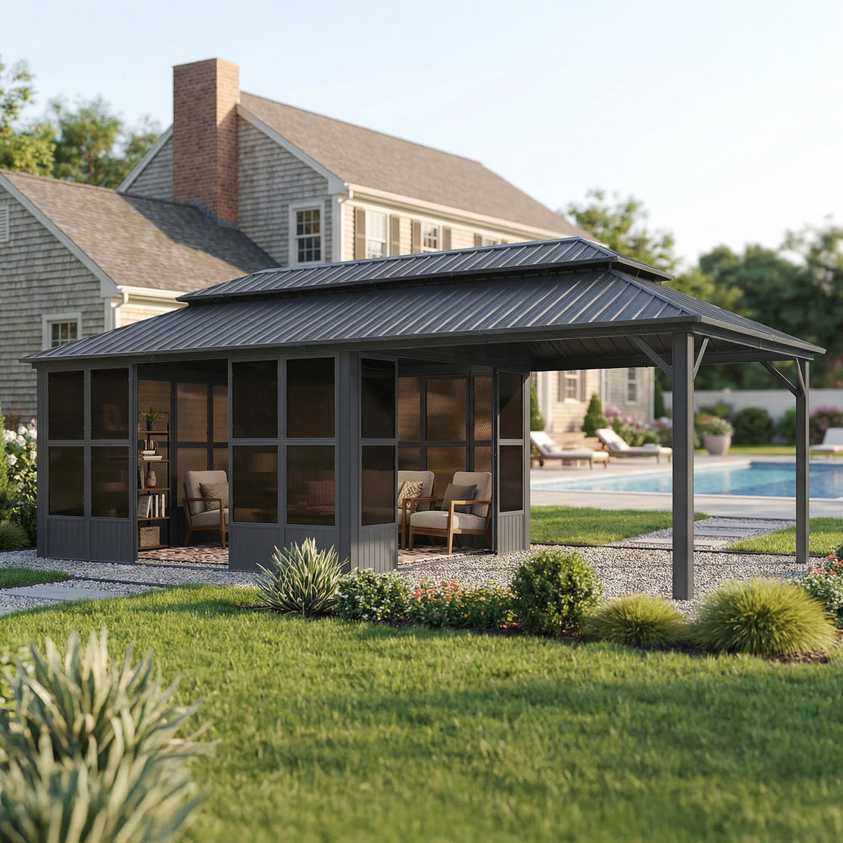 PURPLE LEAF Sunroom Hardtop Gazebo Solarium Grey Galvanized Steel Double Roof All-Weather Aluminum Outdoor Screen House