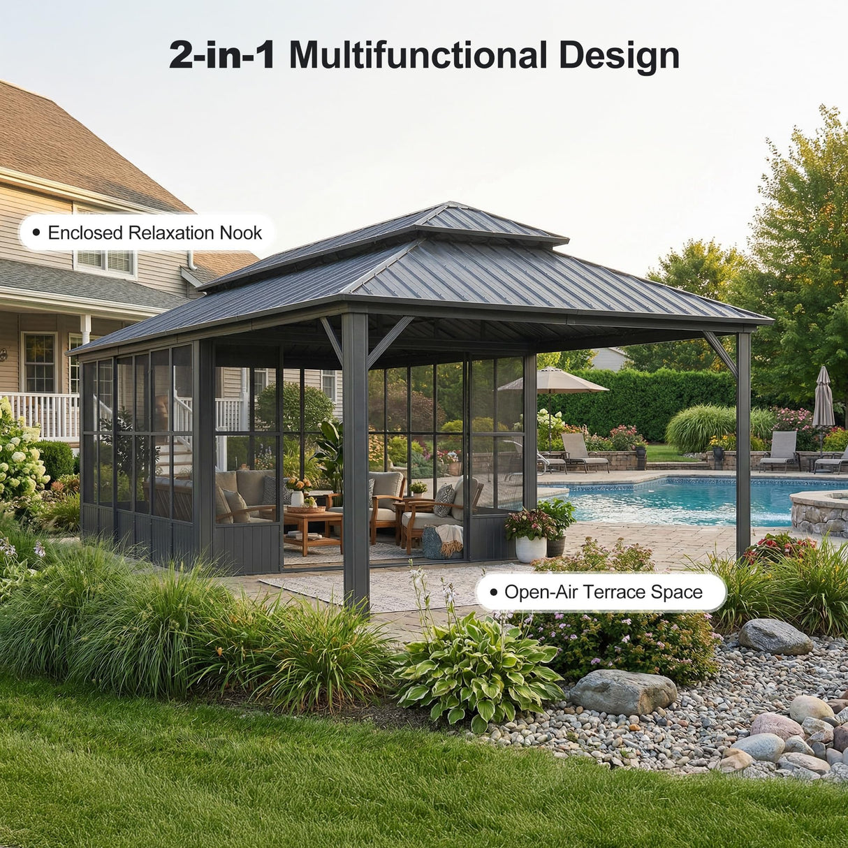 PURPLE LEAF Sunroom Hardtop Gazebo Solarium Grey Galvanized Steel Double Roof All-Weather Aluminum Outdoor Screen House