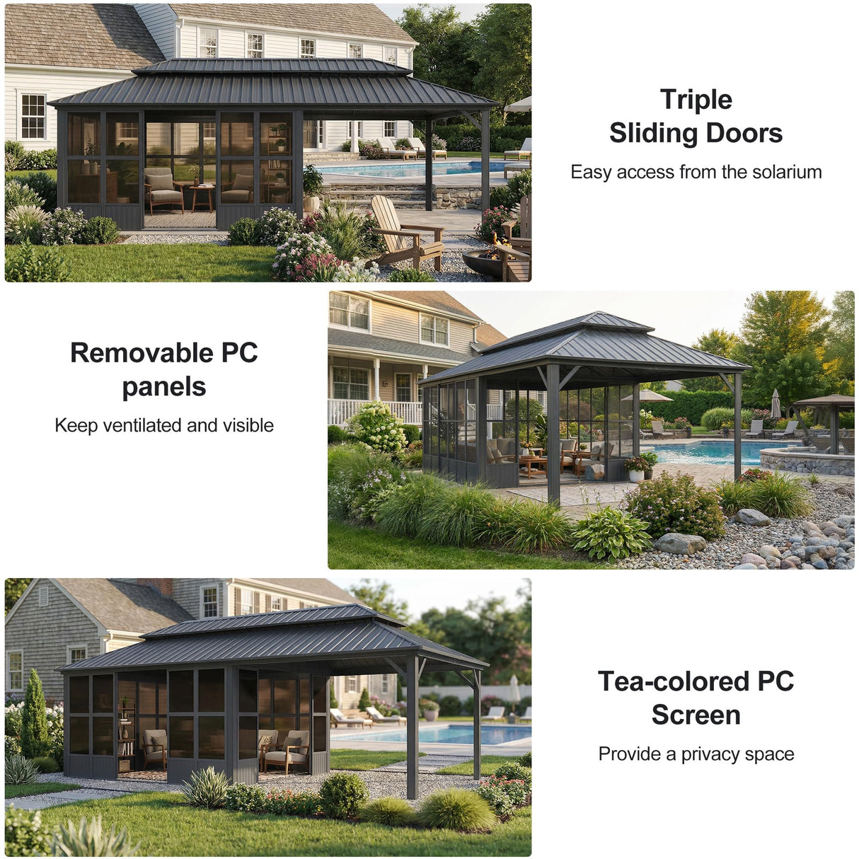 PURPLE LEAF Sunroom Hardtop Gazebo Solarium Grey Galvanized Steel Double Roof All-Weather Aluminum Outdoor Screen House