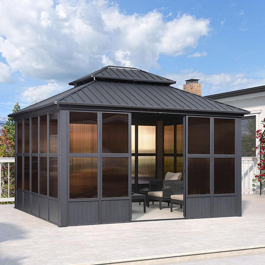 PURPLE LEAF Sunroom Hardtop Gazebo Solarium Grey Galvanized Steel Double Roof All-Weather Aluminum Outdoor Screen House