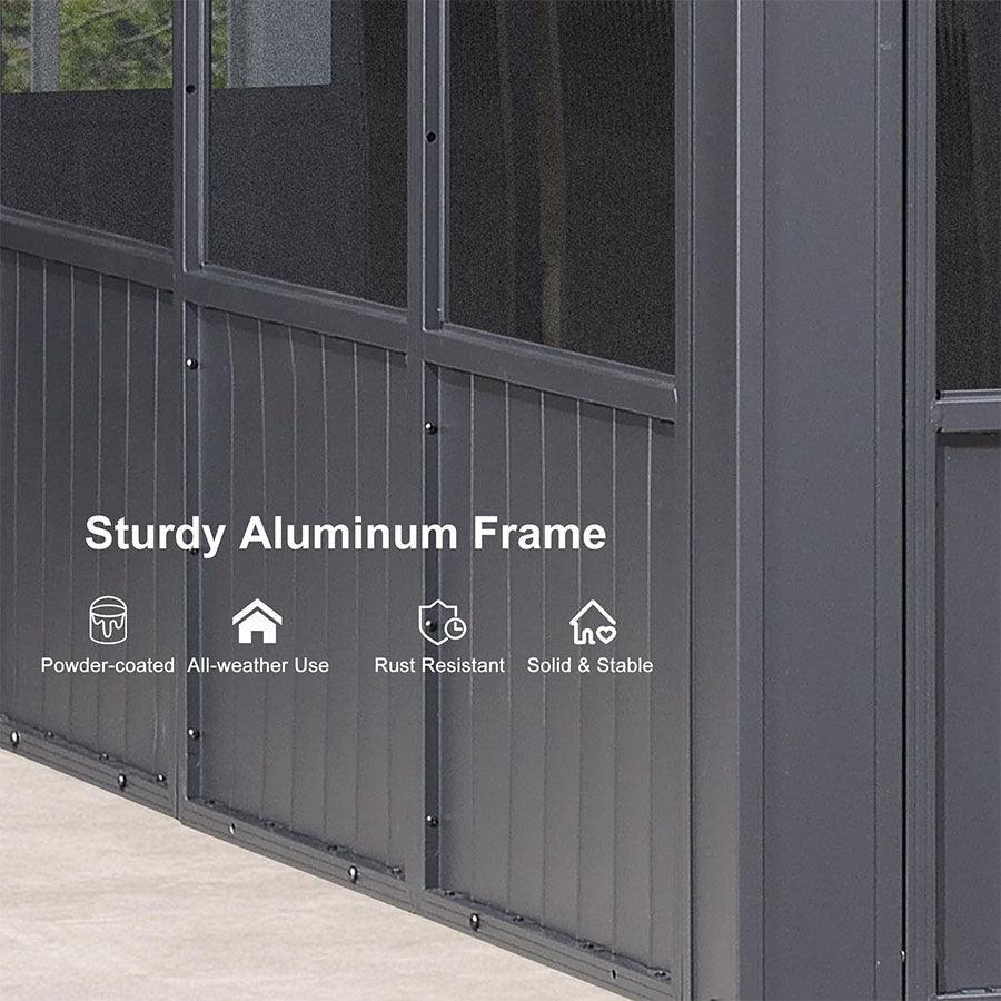 PURPLE LEAF Sunroom Hardtop Gazebo Solarium Grey Galvanized Steel Double Roof All-Weather Aluminum Outdoor Screen House