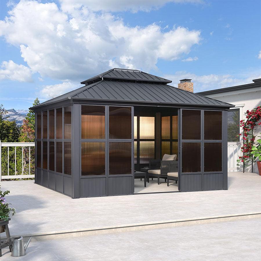 PURPLE LEAF Sunroom Hardtop Gazebo Solarium Grey Galvanized Steel Double Roof All-Weather Aluminum Outdoor Screen House