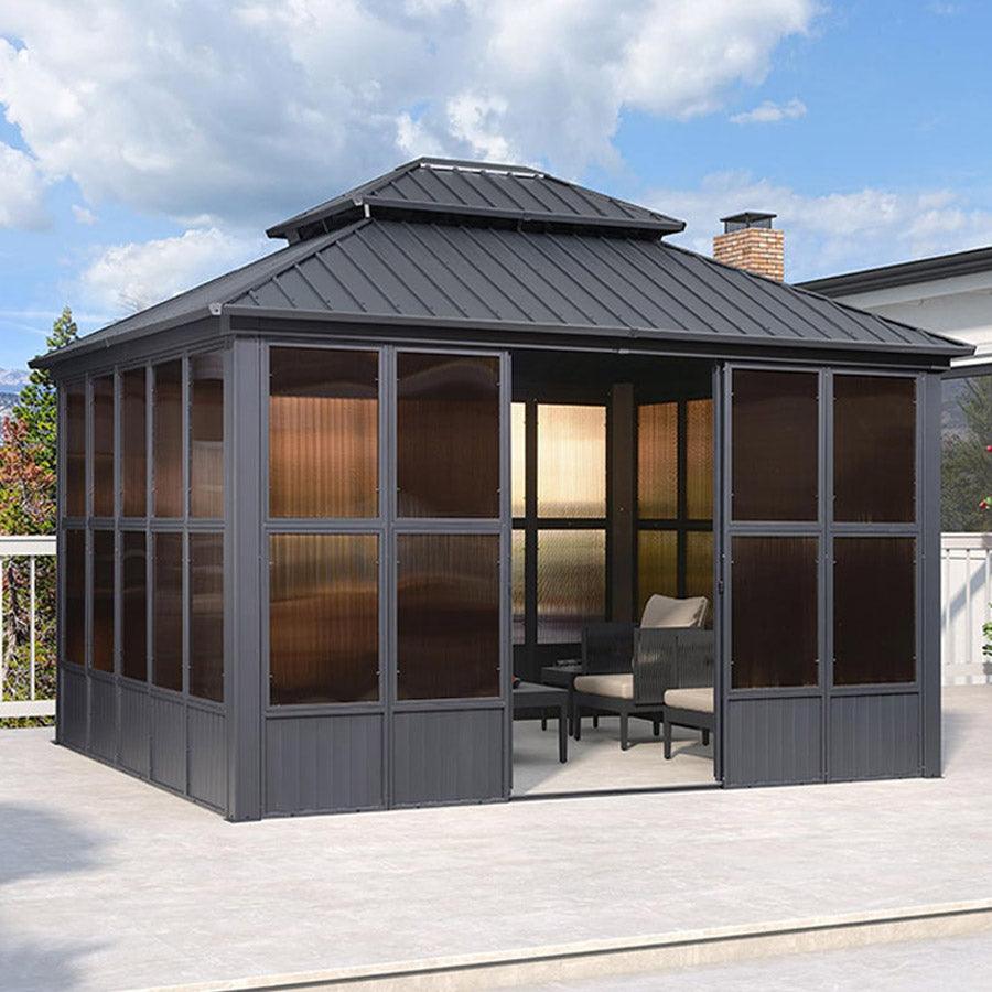PURPLE LEAF Sunroom Hardtop Gazebo Solarium Grey Galvanized Steel Double Roof All-Weather Aluminum Outdoor Screen House