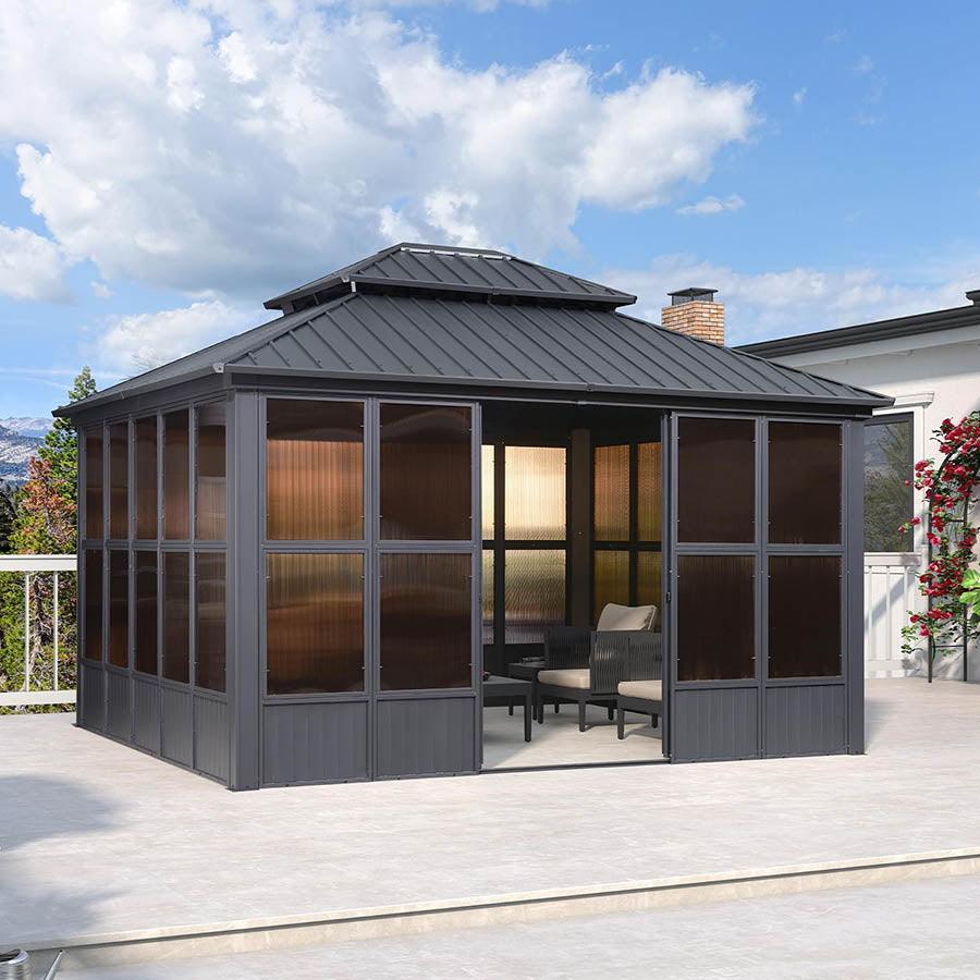 PURPLE LEAF Sunroom Hardtop Gazebo Solarium Grey Galvanized Steel Double Roof All-Weather Aluminum Outdoor Screen House