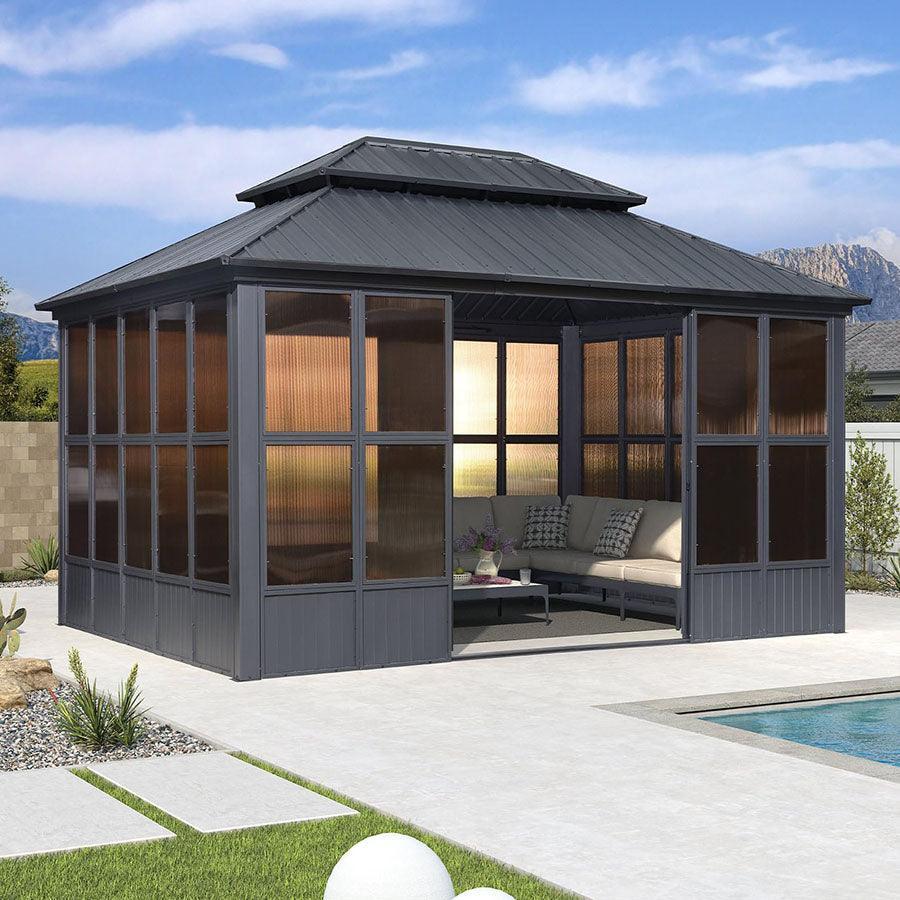 PURPLE LEAF Sunroom Hardtop Gazebo Solarium Grey Galvanized Steel Double Roof All-Weather Aluminum Outdoor Screen House