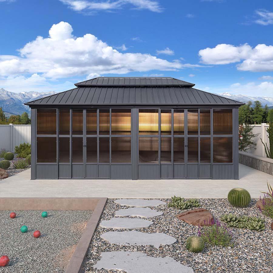PURPLE LEAF Sunroom Hardtop Gazebo Solarium Grey Galvanized Steel Double Roof All-Weather Aluminum Outdoor Screen House