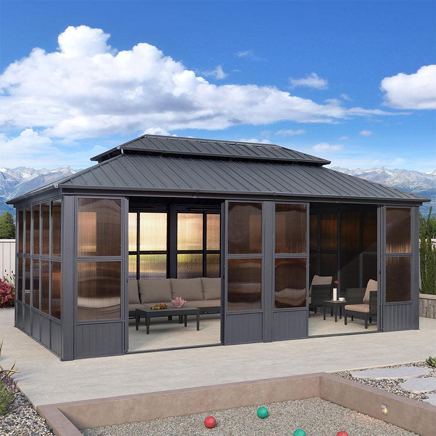PURPLE LEAF Sunroom Hardtop Gazebo Solarium Grey Galvanized Steel Double Roof All-Weather Aluminum Outdoor Screen House