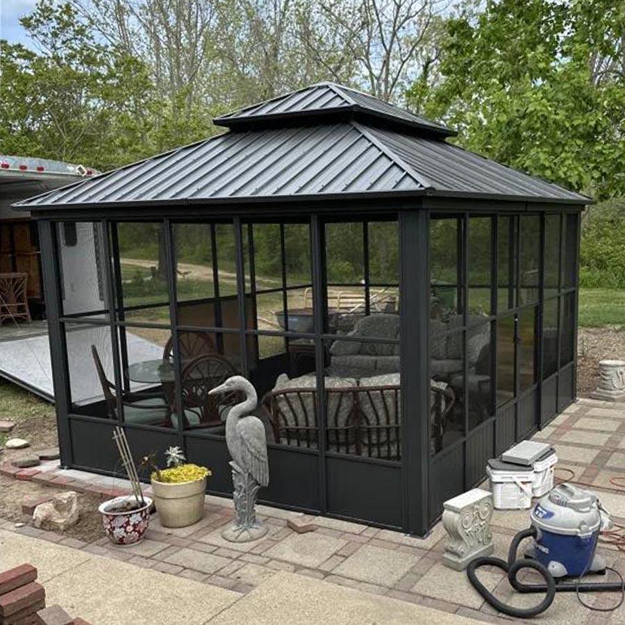 PURPLE LEAF Sunroom Hardtop Gazebo Solarium Grey Galvanized Steel Double Roof All-Weather Aluminum Outdoor Screen House