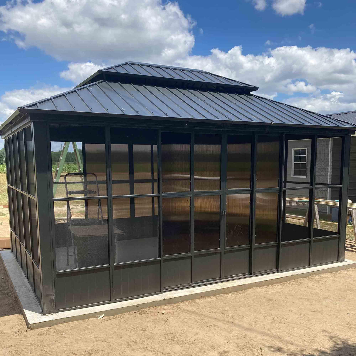 PURPLE LEAF Sunroom Hardtop Gazebo Solarium Grey Galvanized Steel Double Roof All-Weather Aluminum Outdoor Screen House