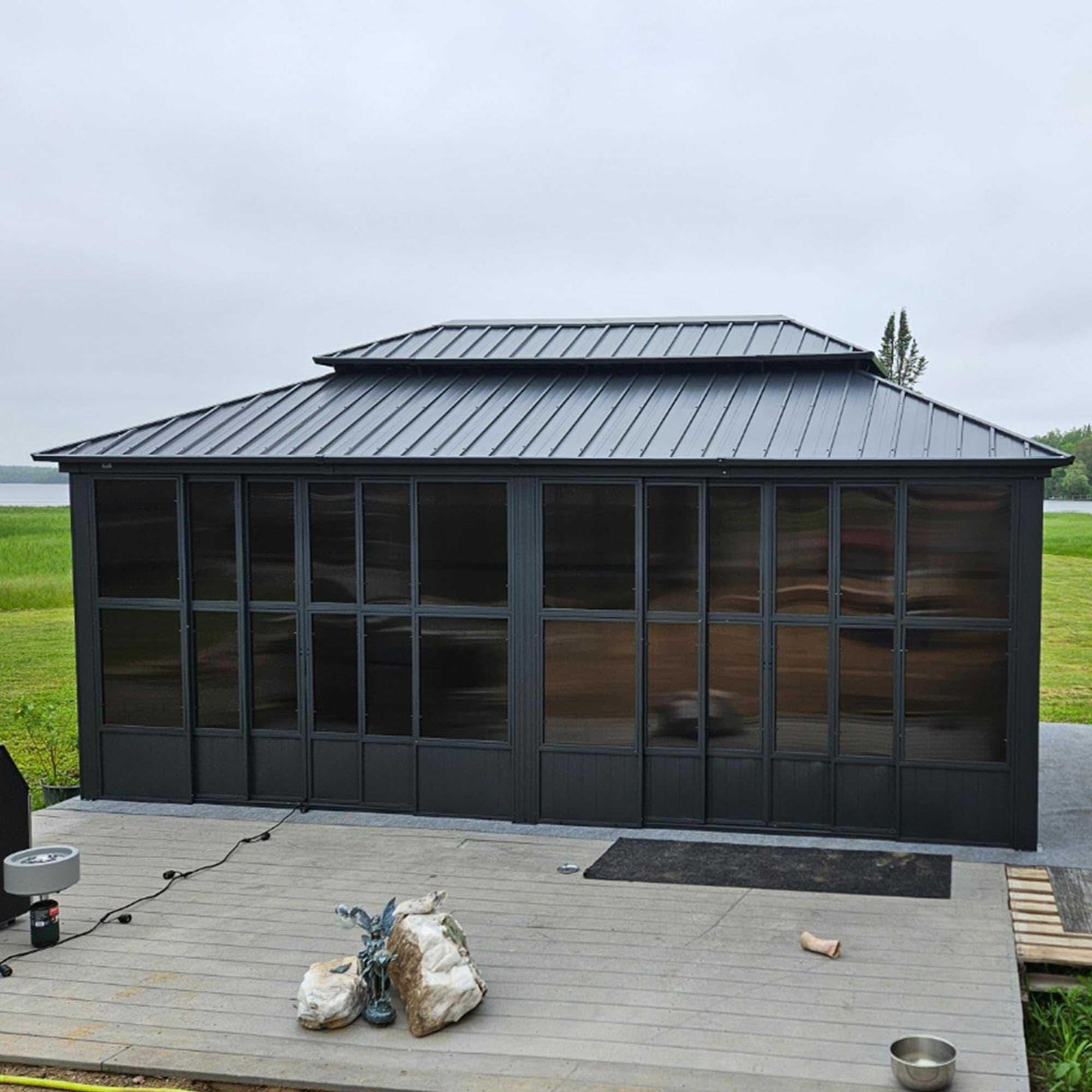 PURPLE LEAF Sunroom Hardtop Gazebo Solarium Grey Galvanized Steel Double Roof All-Weather Aluminum Outdoor Screen House